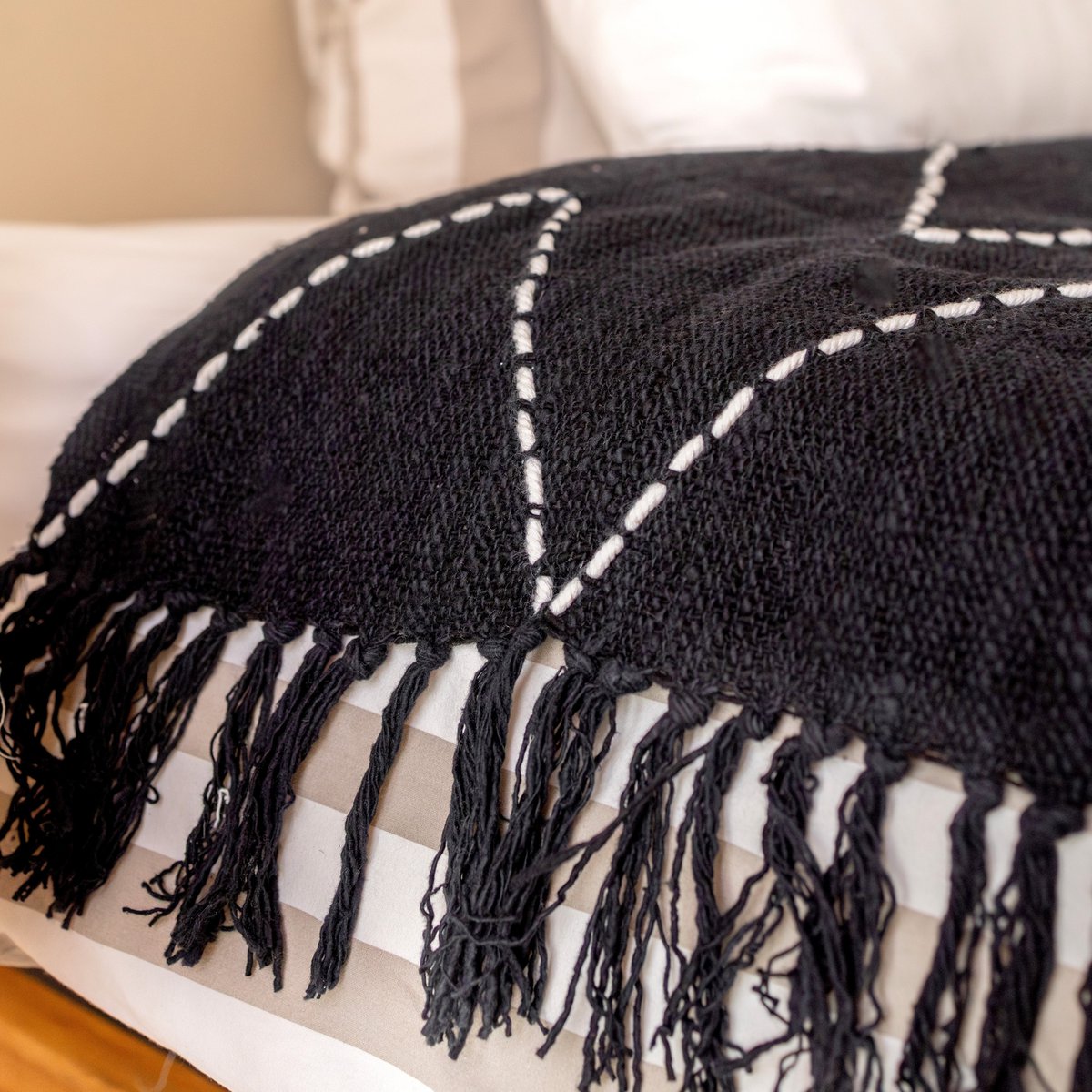 Zwarte Handgeweven Plaid Boho Sprei Franjes Zigzagpatroon