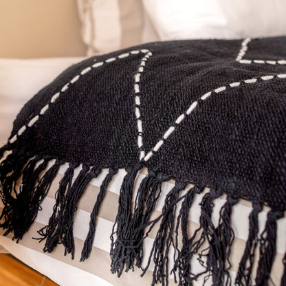 Zwarte Handgeweven Plaid Boho Sprei Franjes Zigzagpatroon