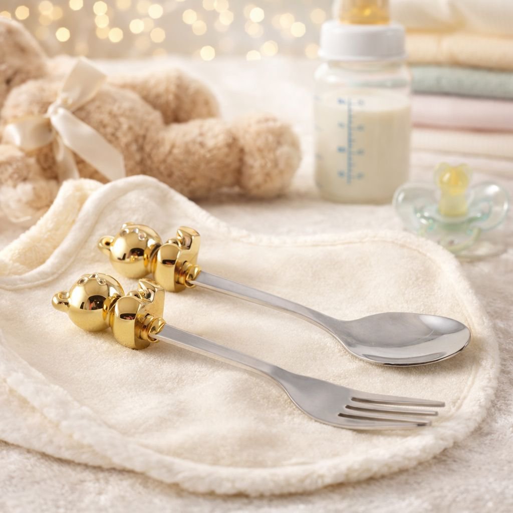 Babybestek lepel en vork goud metaal