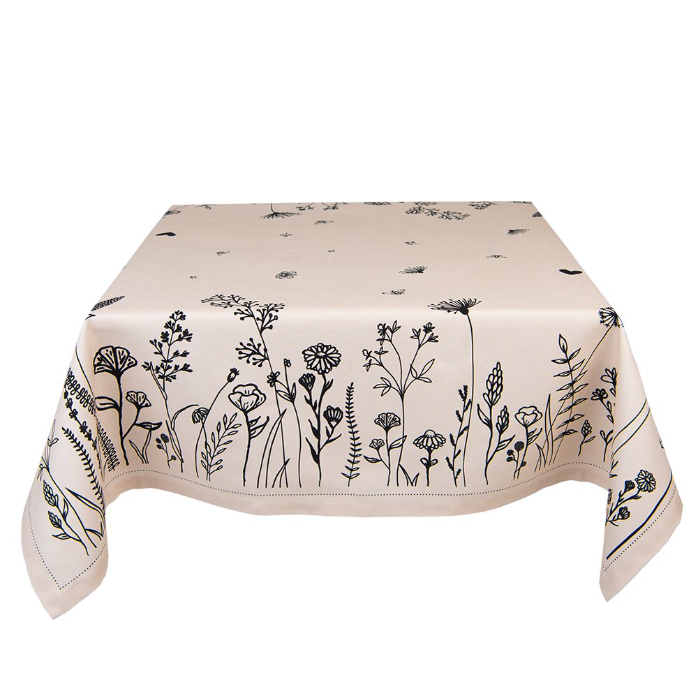 Tafelkleed 130x180 cm Beige Zwart Katoen Bloemen Tafellaken