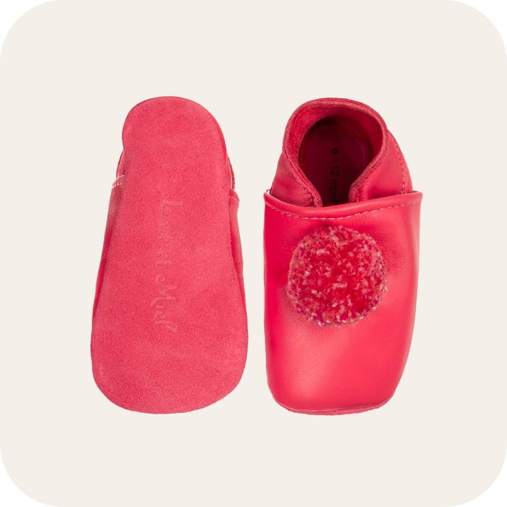 Babyslofjes leer fuchsia pompons