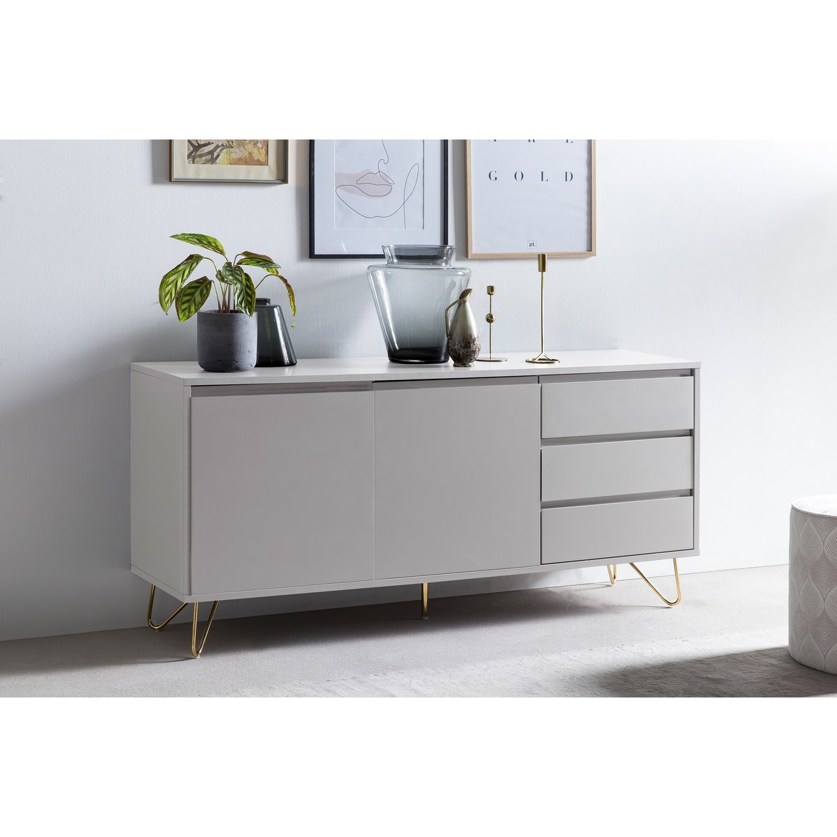 Dressoir 150x40x70 cm wit goud 2 deuren 3 lades