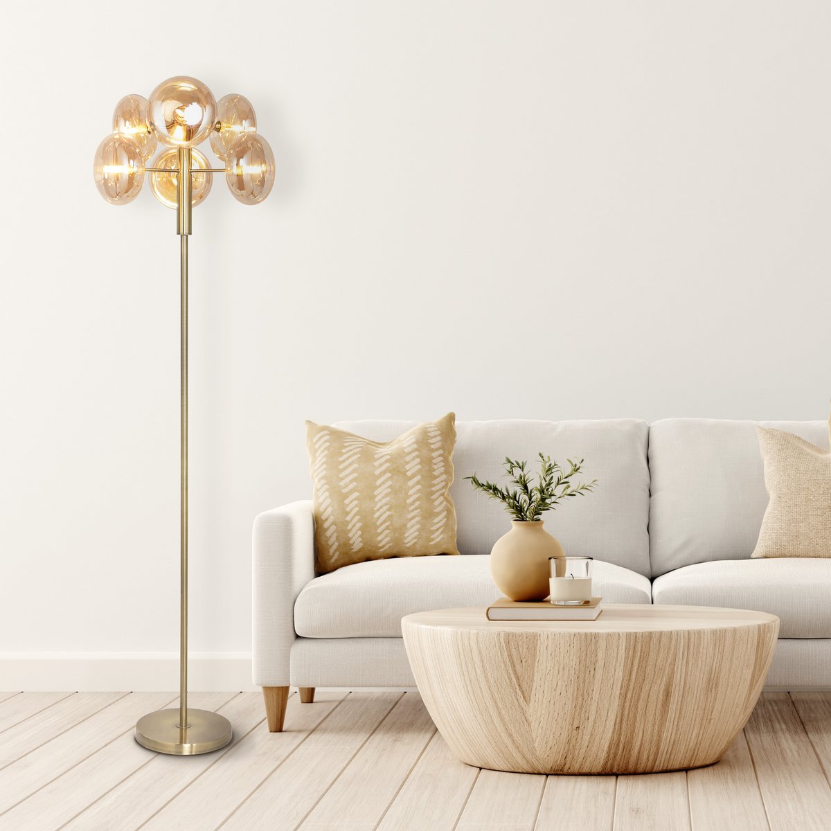 Vloerlamp Orion Oranje Met Amber Glas En Messing Luxe
