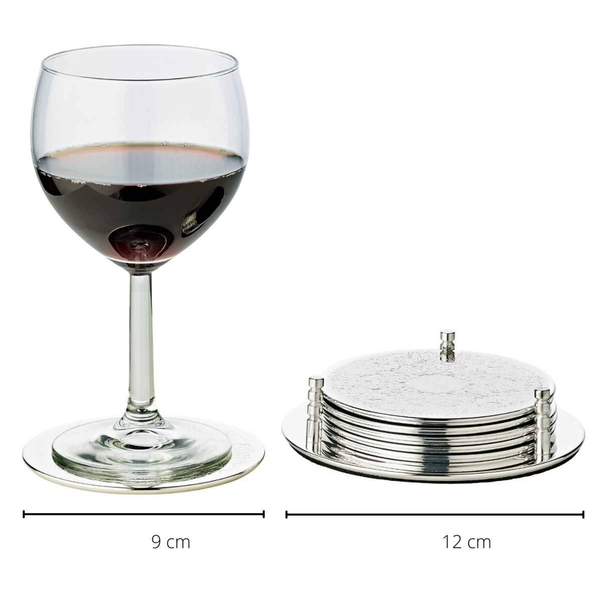 Onderzetters set 6 stuks verzilverd glas Ø12 cm met houder