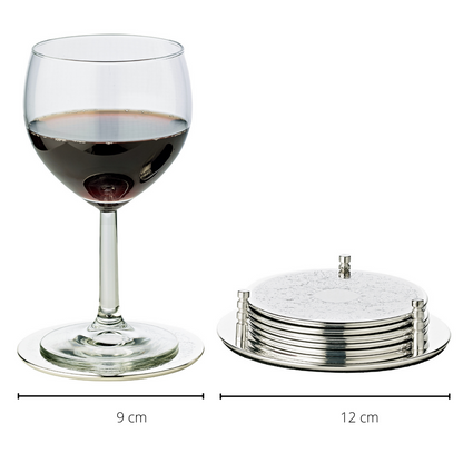 Onderzetters set 6 stuks verzilverd glas Ø12 cm met houder