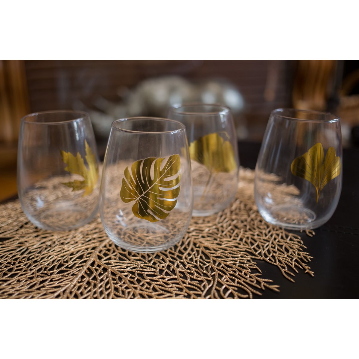 Waterglazen goudblad set van 4 transparant 8.5x8.5x11 cm