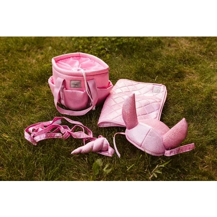 Stokpaard zadeldekje en mutsje roze glitterstof