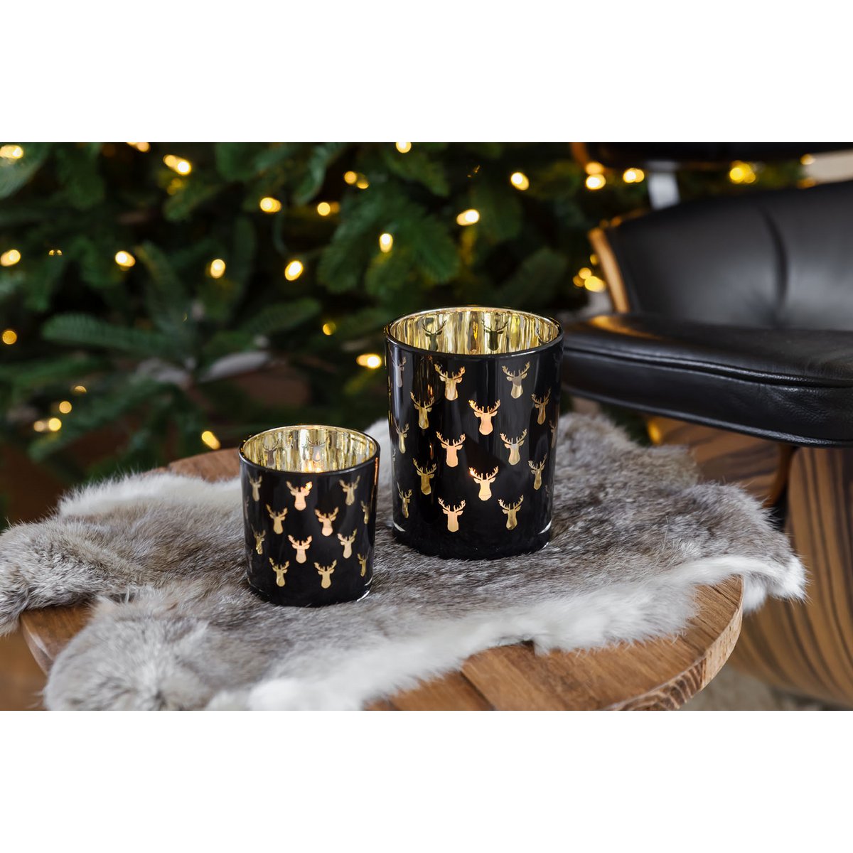 Theelicht lantaarn set 2 stuks glas zwart goud