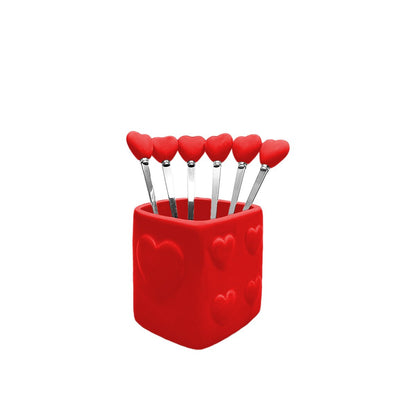 Theelepels set van 6 rood hart met houder roestvrij staal