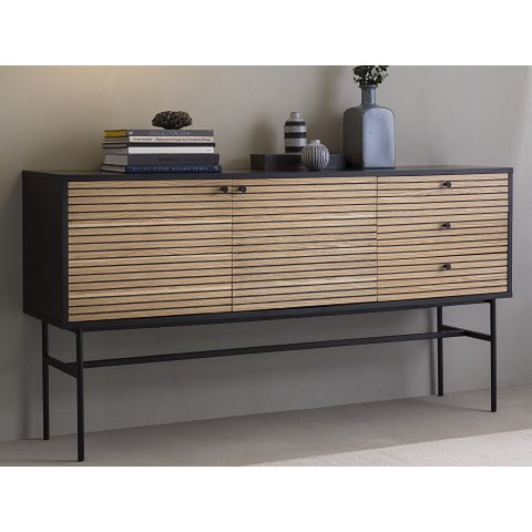Sideboard black/oak real wood veneer