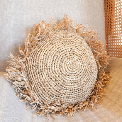 Rond Boho Kussen Met Franjes Doorsnede 40/50cm Raffia Beige