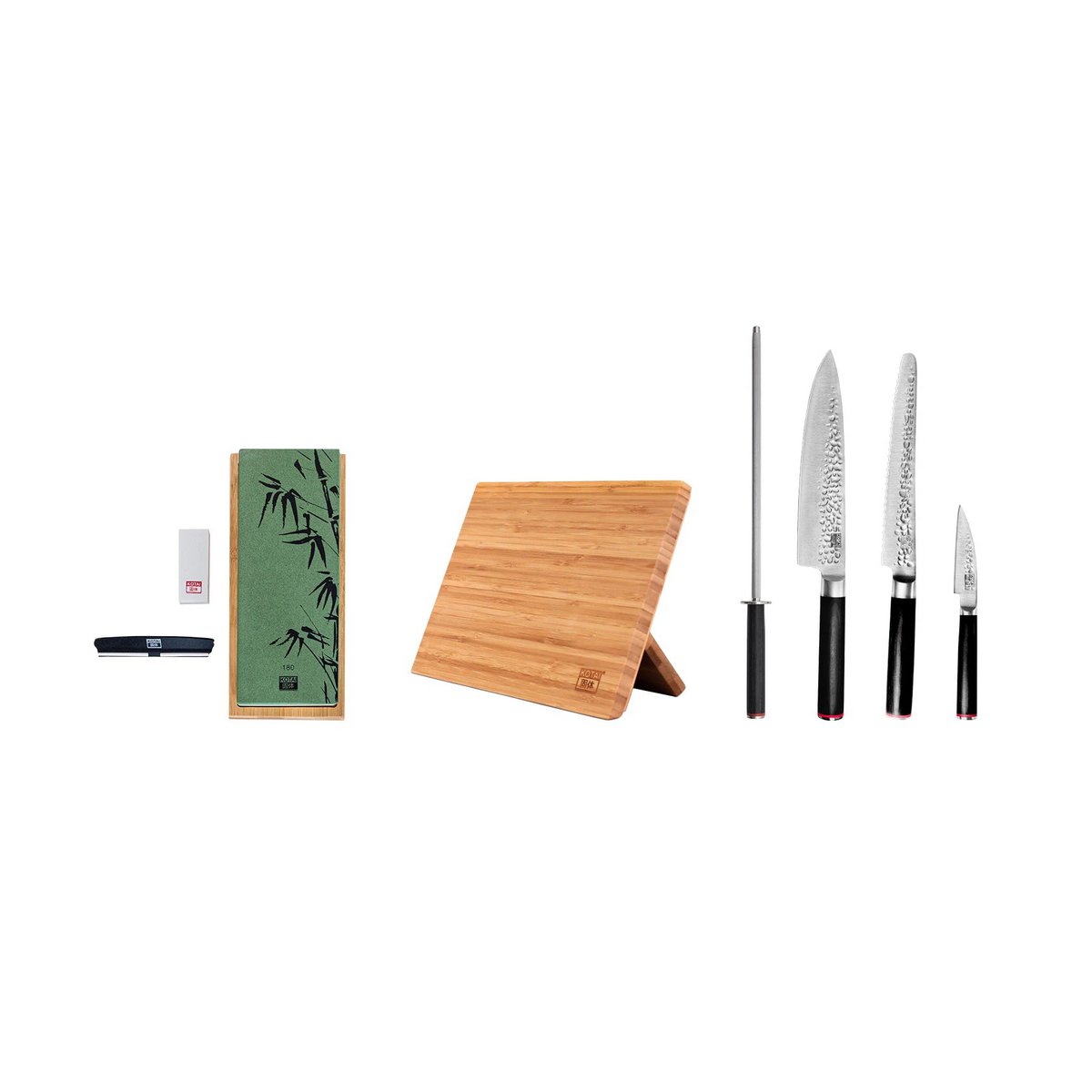 Messen- en keukenaccessoireset - The Essential Set Deluxe Edition (B): 3 messen (schilmesje + gyuto + broodmes) + 3 accessoires (magnetische bamboe meshouder + aanzetstaal + slijpset korrel 400/1000)