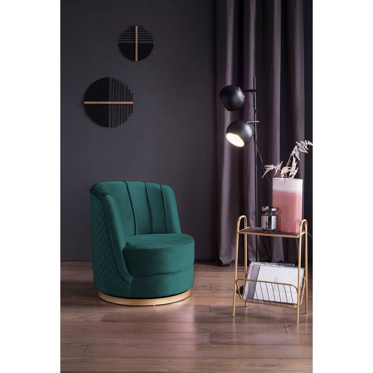 Draaifauteuil groen fluweel goudkleurig onderstel