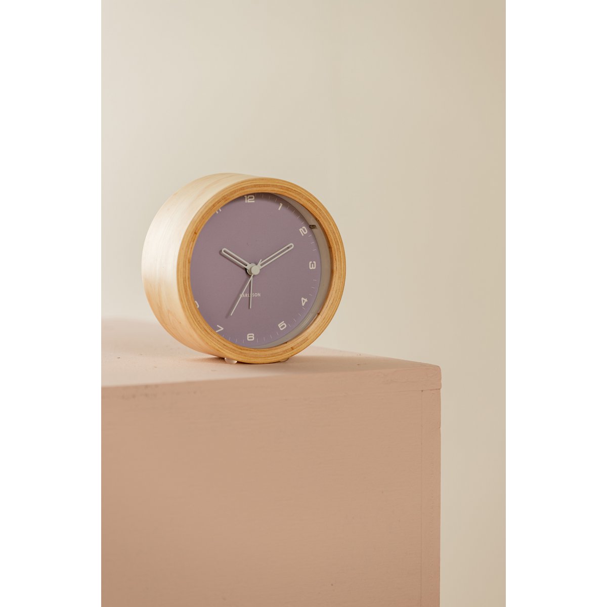 Wekker 12 cm hout paars nachtlicht