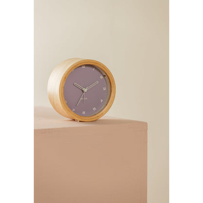 Wekker 12 cm hout paars nachtlicht