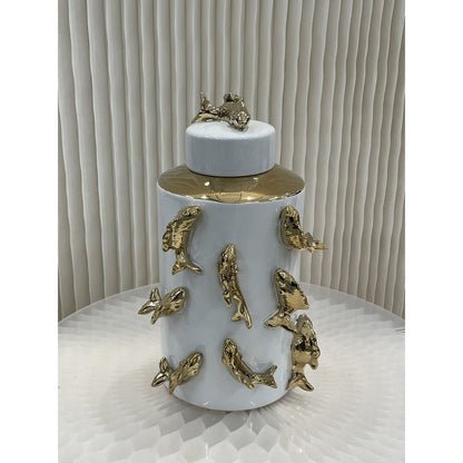 Voorraadpot 35x23 cm wit met gouden vissen