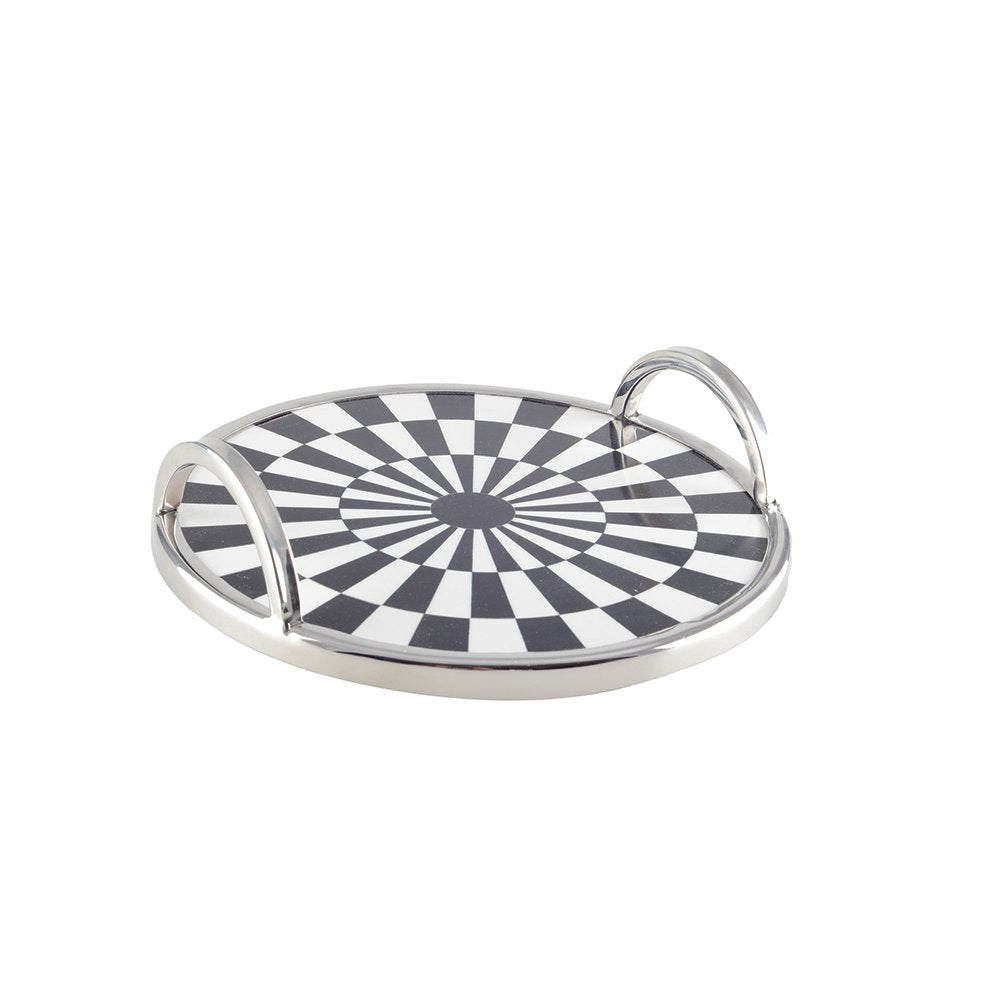 Dienblad rond 28x28x6 cm zwart wit tegelmotief