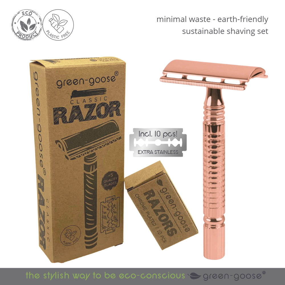 Scheerset safety razor roze goud 10 mesjes