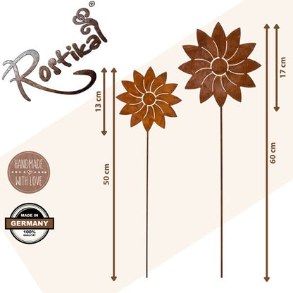 Metalen bloemdecoratie roestlook Ø13 cm op stok