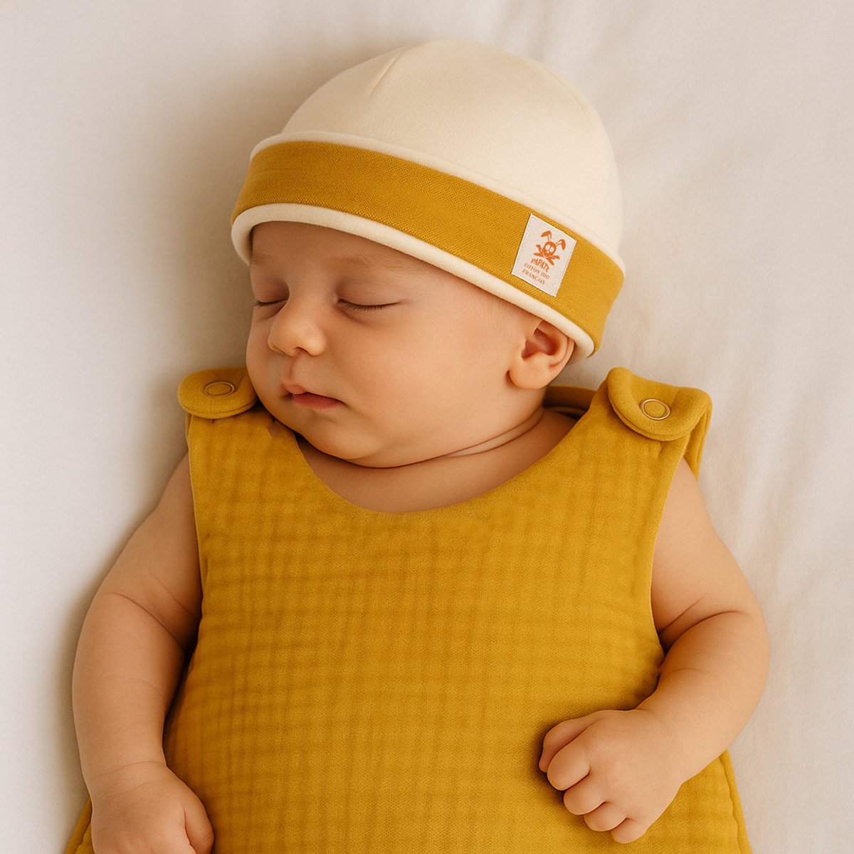 Newborn hat in white and honey organic cotton
