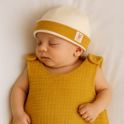 Newborn hat in white and honey organic cotton