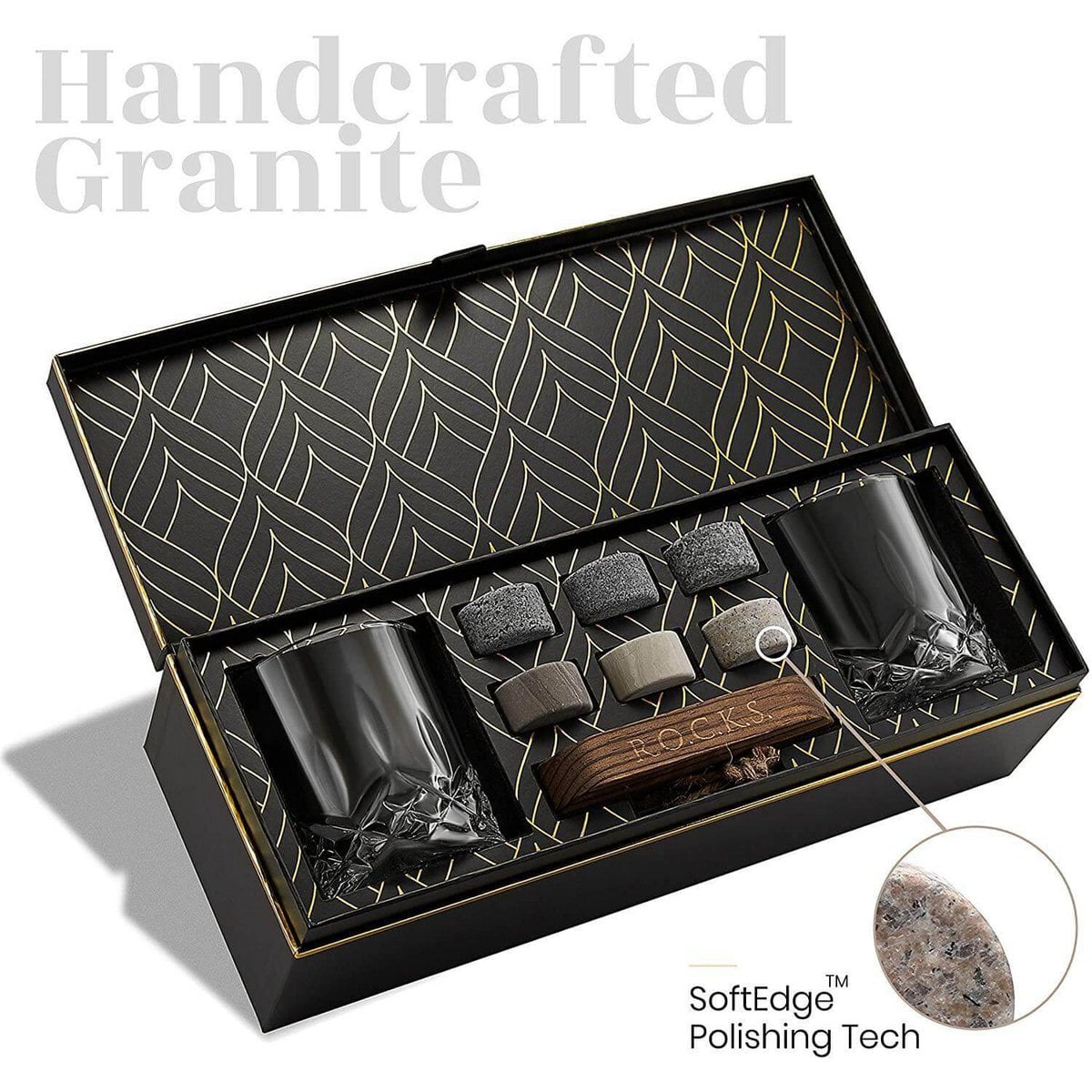 Whiskey set met granieten stenen en kristallen glazen