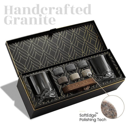 Whiskey set met granieten stenen en kristallen glazen