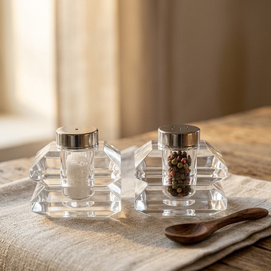 Designer salt and pepper shakers in transparent glass