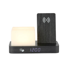 Wekker zwart hout met nachtlampje en telefoonoplader