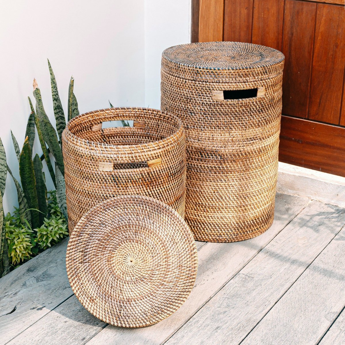 Grote Wasmand Met Deksel Geweven Ronde Bruine Boho Mand