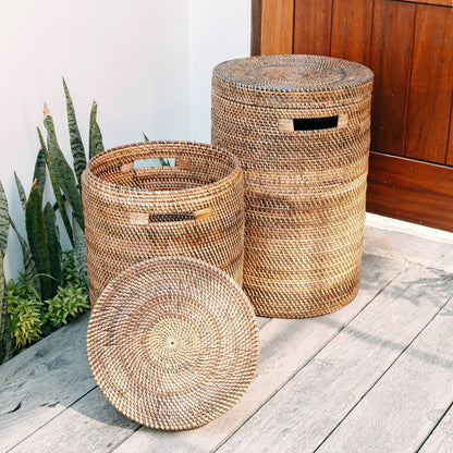 Grote Wasmand Met Deksel Geweven Ronde Bruine Boho Mand