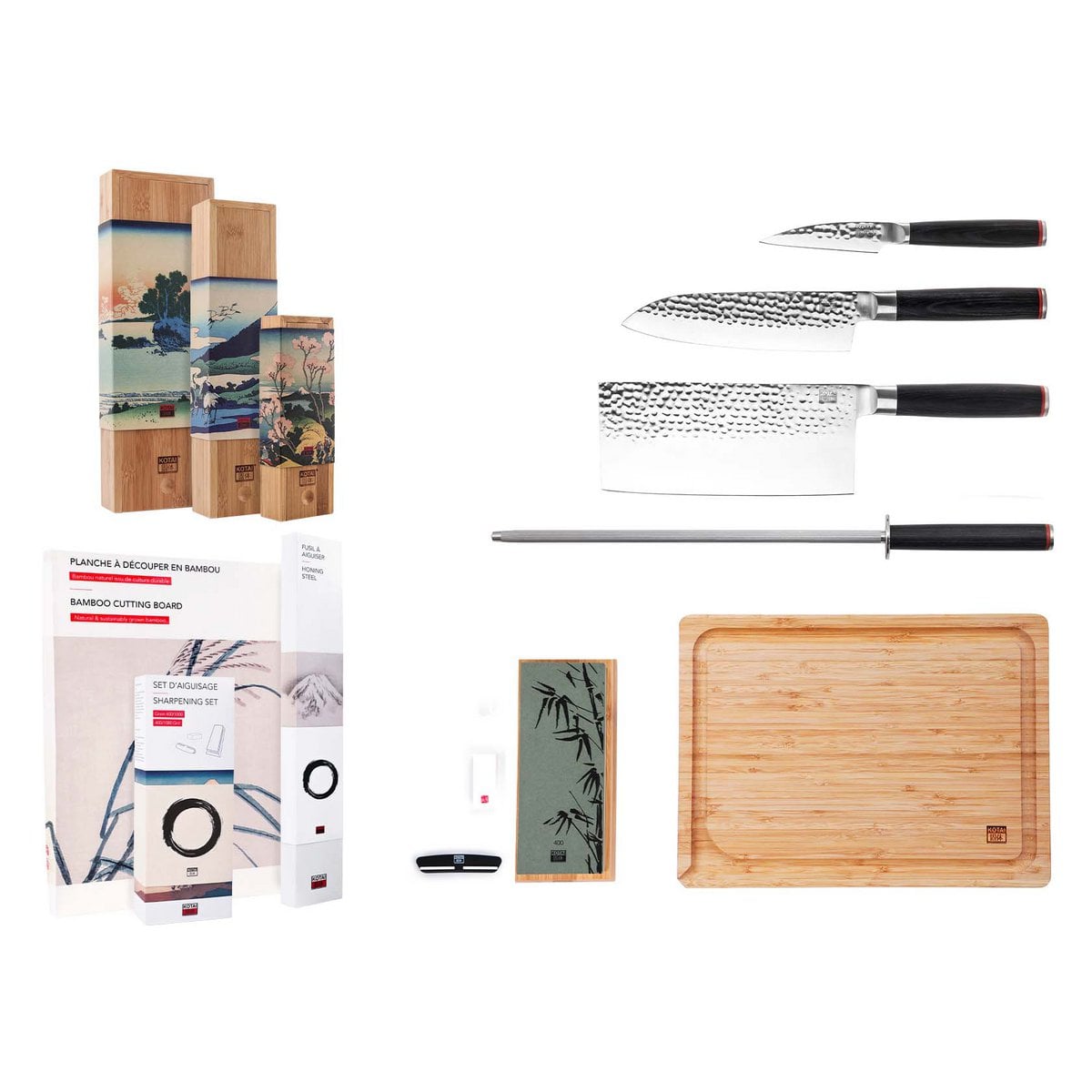 De Asian Set Deluxe Edition (B): 3 messen (schilmesje + santoku + hakmes) + 3 accessoires (bamboesnijplank + aanzetstaal + slijpset korrel 180/800)