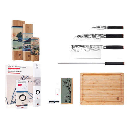 De Asian Set Deluxe Edition (B): 3 messen (schilmesje + santoku + hakmes) + 3 accessoires (bamboesnijplank + aanzetstaal + slijpset korrel 180/800)