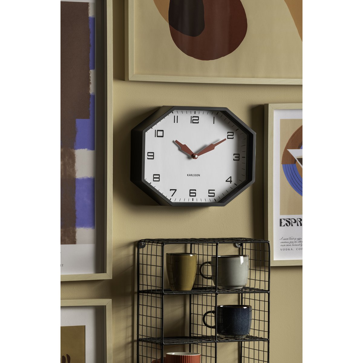 Wandklok 32 cm rood achthoek