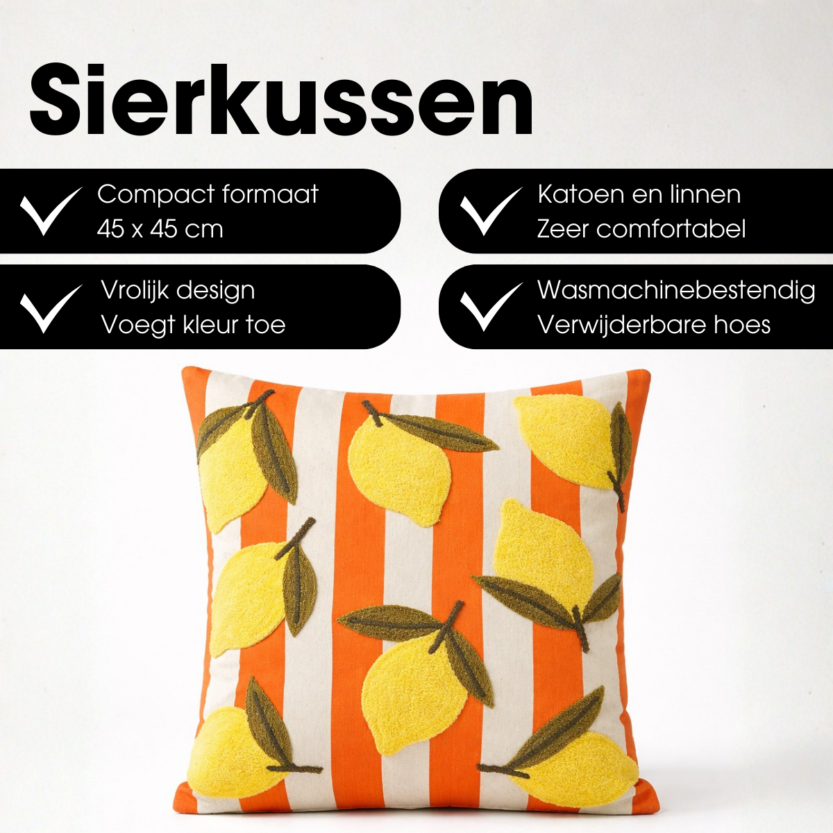 Sierkussen 45x45x10 cm katoen citroen