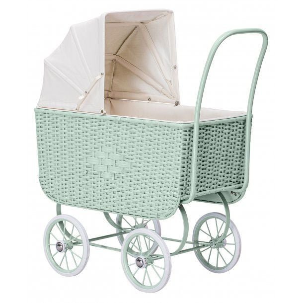 Poppenwagen rotan groen 57x64x32 cm