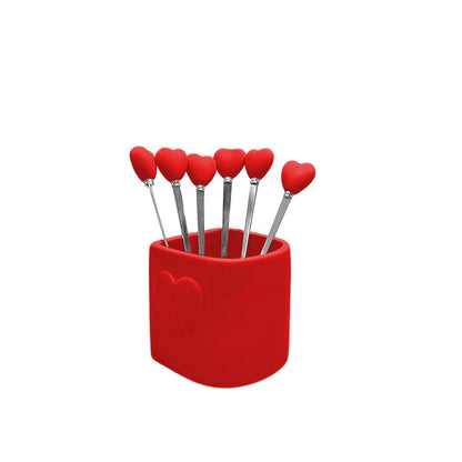Theelepels set van 6 rood hart met houder roestvrij staal