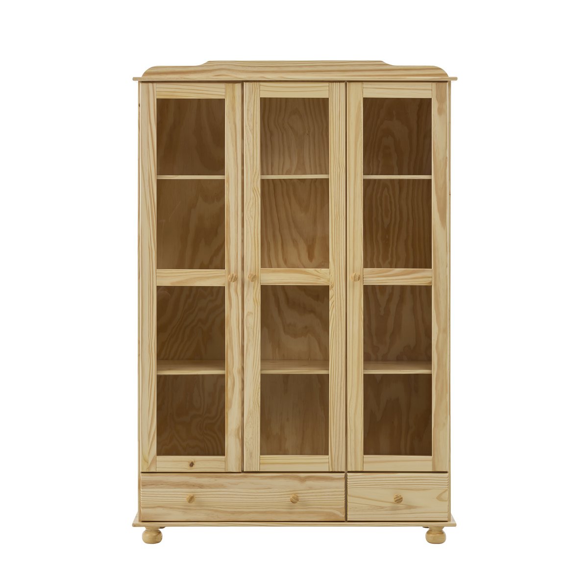 Country Style Pine Display Cabinet With Glass Doors And Drawers