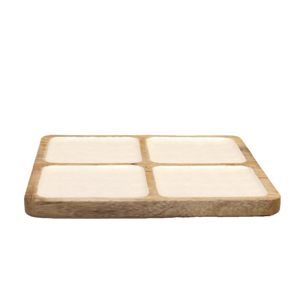 Wit Vierkante Schotel Met 4 Mango Houten Compartimenten