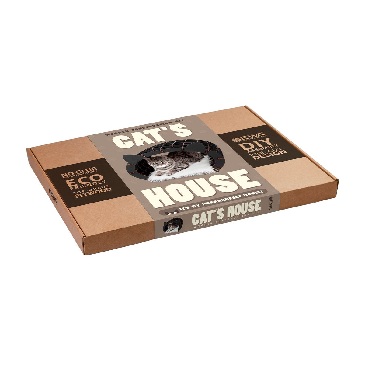 Eco Wood Art 3D Bouwpakket Kattenhuis Zwart Wit Pluche