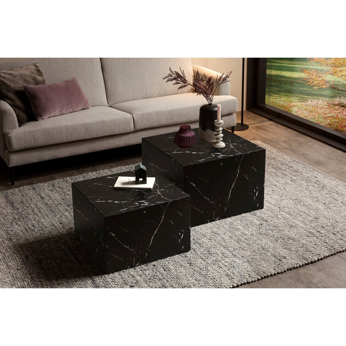 Salontafel set 2 stuks B58x58x40 cm zwart marmerlook