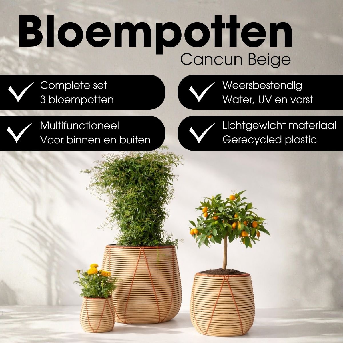 Bloempot Cancun beige gevlochten 3 stuks