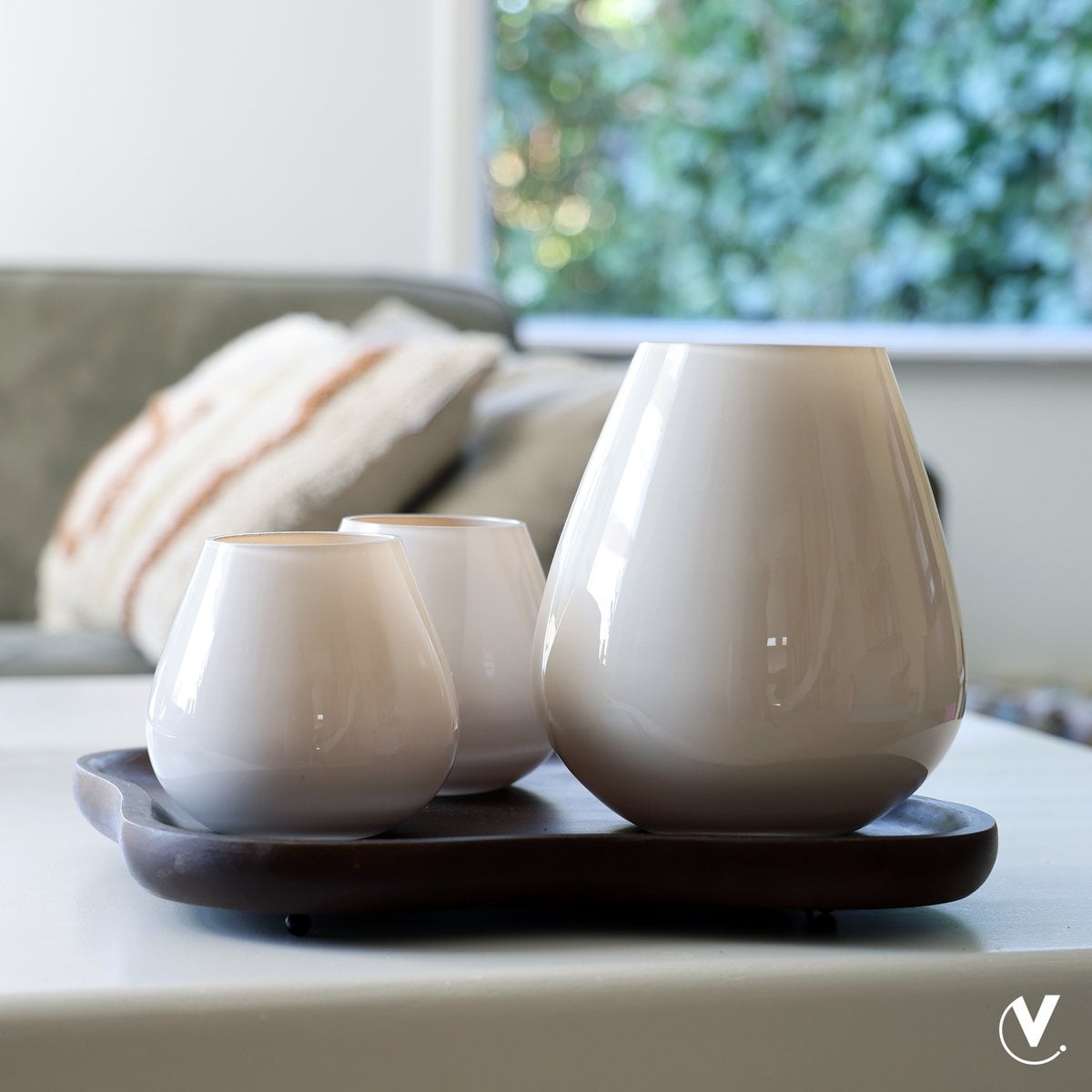 Waxinelichthouder set van 2 glas beige wit 12,5x11,5x12,5 cm