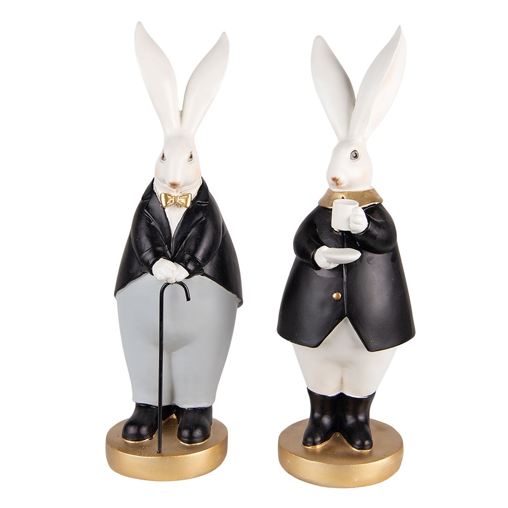 Beeld konijn set 2 stuks polyresin 13x11x34 cm zwart grijs