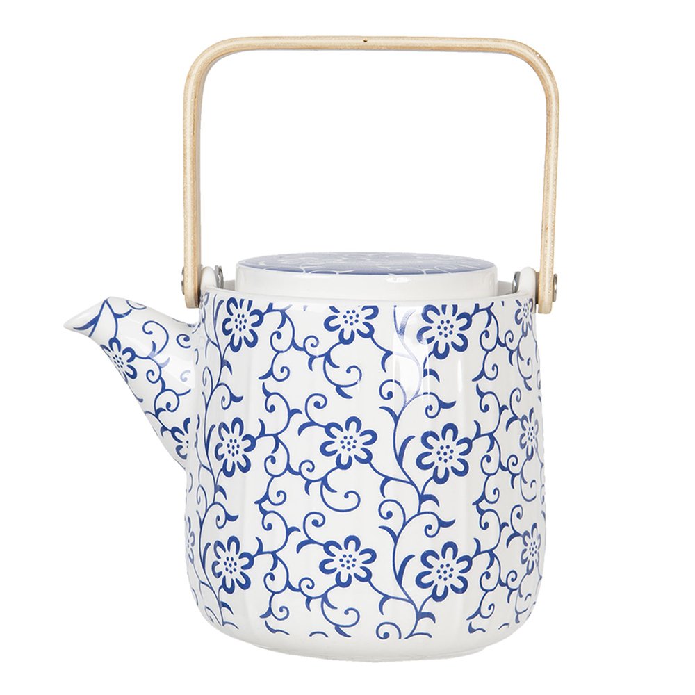 Theepot 800 ml Blauw Wit Porselein Bloemen Theekan