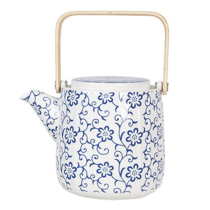 Theepot 800 ml Blauw Wit Porselein Bloemen Theekan