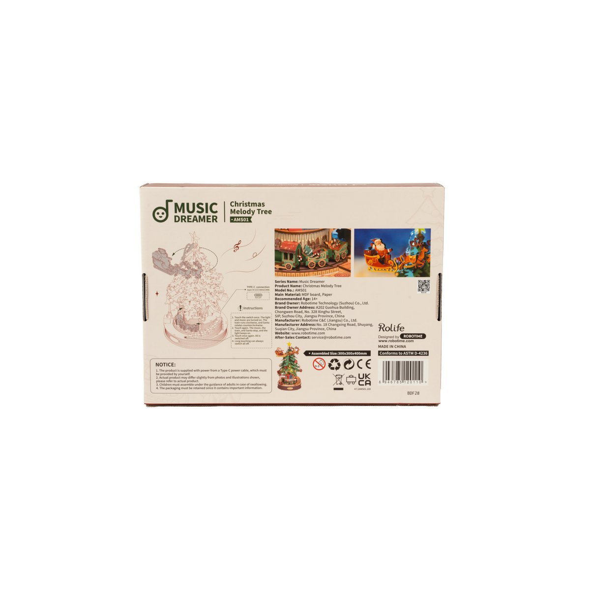 Robotime, Music Box Wood DIY 3D Puzzle Christmas Melody Tree, AMS01, 30x30x40cm