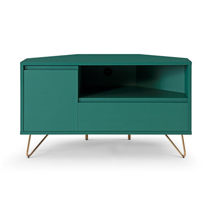Corner TV lowboard with drawer, folding compartment and open compartment