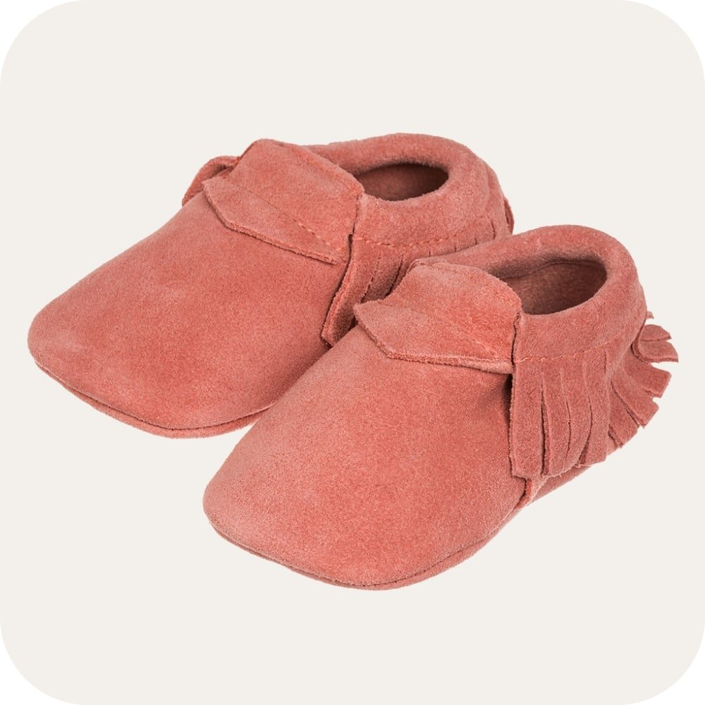 Mocassinpantoffels babykoraal suède