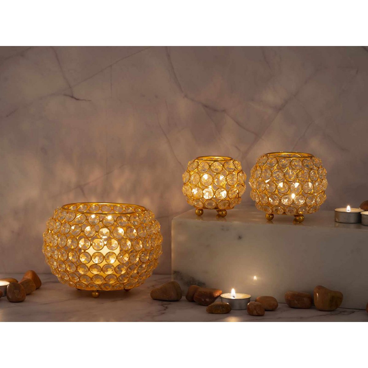 Tealight houder set 3 delig kristal goud zilver